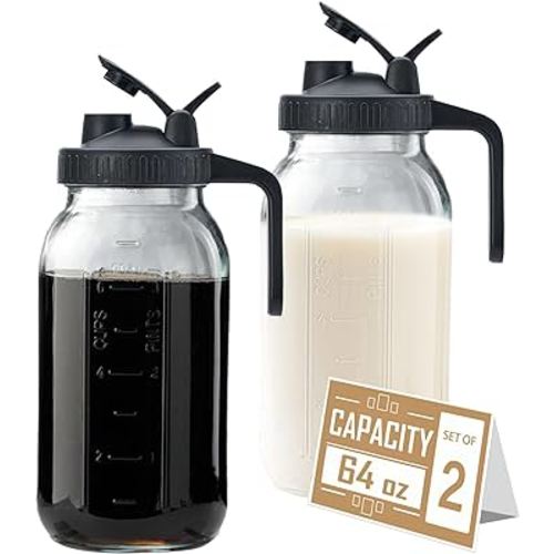 64oz Glass Pitcher with Lid - 2 Quart Mason Jar Pitcher with Spout, Leak-proof Milk Container for Refrigerator, Easy to Clean Wide Mouth Water Jug, Juice, Tea, Iced Coffee, Beverage and Drinks
