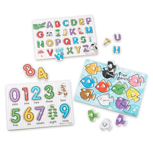Melissa & Doug Classic Wooden Peg Puzzles (Set of 3) - Numbers, Alphabet, and Colors
