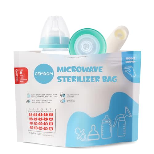 Gemdom 15 Pack Microwave Steam Sterilizer Bags Plus, Large Size for Baby Bottles Soothers, Teethers, Breast Pump Parts, Training Cups and Accessories, 20 Uses Per Bag, Baby Travel Essential