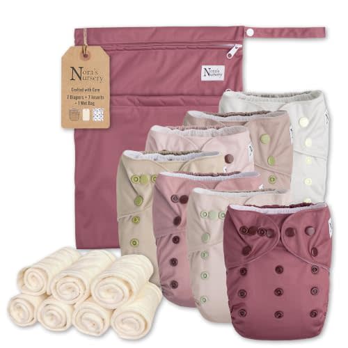 Nora's Nursery Cloth Diapers | 7 Pack | Waterproof,Reusable and Washable | One Size Adjustable Pocket Diapers | Includes 7 Inserts And 1 Wet Bag | For Newborns And Toddlers | Ballet Slippers