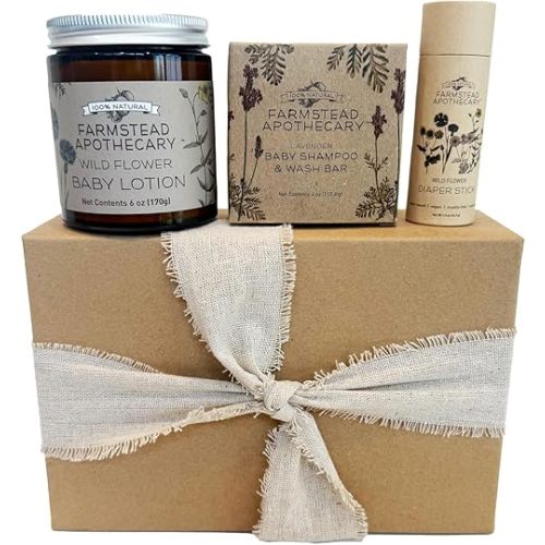 Farmstead Apothecary Organic Baby Care Gift Set – Plant-Based Baby Shampoo, Lotion & Diaper Stick – Plastic-Free, Cruelty-Free, Vegan – Newborn Essentials for Sensitive Skin