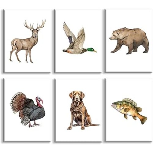 Hunting Animal Nursery Wall Art Baby Boy Room Canvas Wall Decor Vintage Woodland Animal Poster Mallard Duck Deer Bear Turkey Fish Hunting Dog Prints Artwork for Kids Bedroom 8x10x6 In Framed