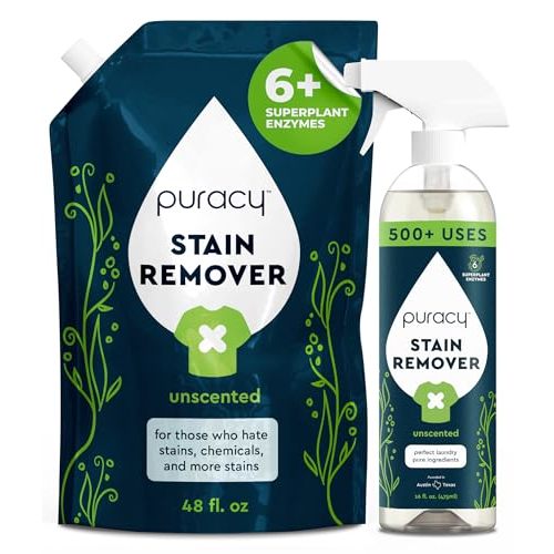 Puracy Stain Remover, Travel and Laundry Stain Cleaner for Clothes, Baby Essentials, Kids Stains, Oil and Fabric Spot Cleaner, (Stain Remover Spray and Refill, 64 fl oz)