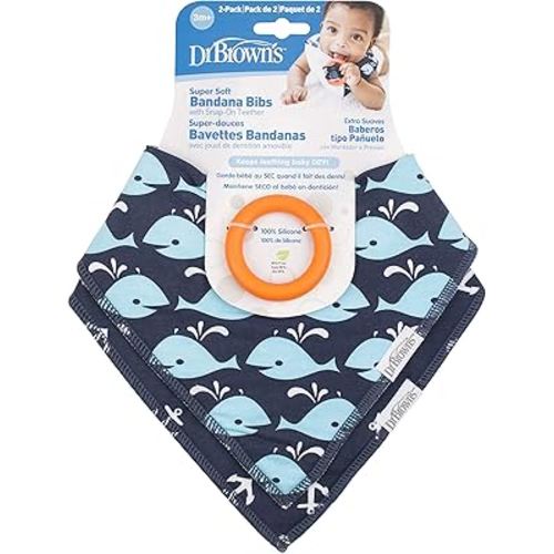 Dr. Brown's Super Soft & Absorbent Baby Bandana Bib with Snap-On Teether, 3m+, 2-Pack, Navy Whales & Anchors