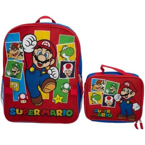 AI ACCESSORY INNOVATIONS Super Mario Brothers 2 Piece Backpack Set, Boys & Girls 16" School Bag, Blue