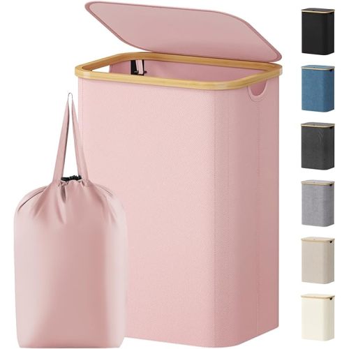 Lifewit 100L Laundry Basket with Lid, Clothes Hampers for Laundry with Bamboo Handles and 1 Removable Bag, Large Foldable Laundry Hamper for Bedroom, Bathroom, Dorm, Laundry Room, Pink