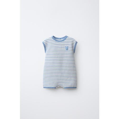 STRIPED KNIT SHORT JUMPSUIT WITH BUNNY PATCH - Ecru / Blue | ZARA United States