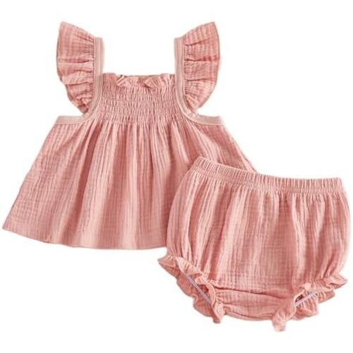 Mubineo Baby Girl Summer Clothes Cute Basic Plain Cotton Linen Ruffle Tops Dress Shorts Outfits Set Shirt Princess Outfit