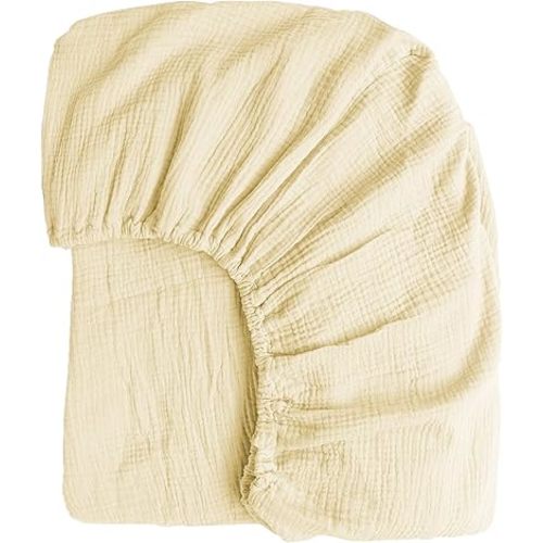 100% Muslin Cotton Cream Fitted Sheet Twin Only with 16" Elastic Deep Pocket, 1 Pack Soft Breathable Absorbent Gauze Single Fitted Bottom Sheet, Minimalist Fluffy Wrinkle Mattress Protector
