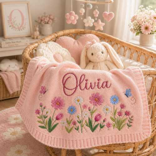 Embroidered Flower Baby Blanket, Custom Name Baby Blanket, New Baby Gift, Baby Girl Birthday Keepsake, Floral Blanket, Baby Shower Gift