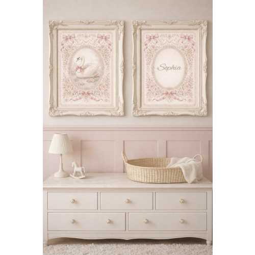 Personalized Nursery Wall Art Printable | Vintage Swan Pink Baby Room Decor | Custom Name Girls Nursery Art PDF