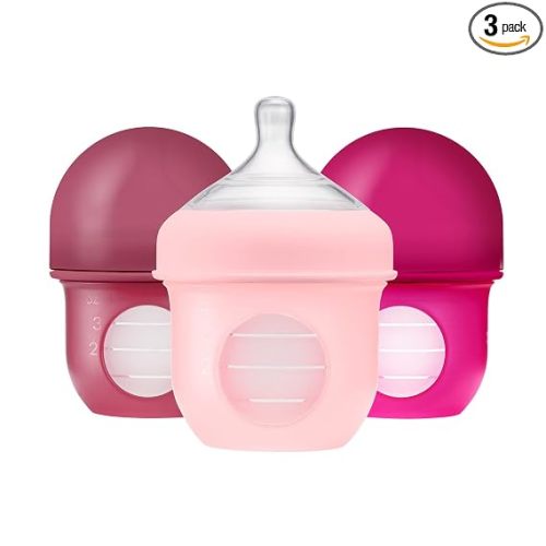 Boon Nursh Bottles - Slow Flow - Silicone Baby Bottles Help Ease Colic Symptoms - Formula and Breast Milk Only Touch Platinum Food-Safe Silicone - Pink - 0-3 Months - 3 Count - 4 Ounce