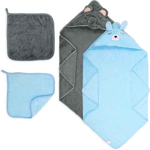 HBHLFZ 4-Pack Baby Bath Towels,Set of 2 Hooded Baby Bath Towels and 2 Baby Face Towels, Super Soft,Highly Absorbent,31.5x31.5inch,Suitable for Newborns,Toddlers and Children,Unisex(Elephant, Bear