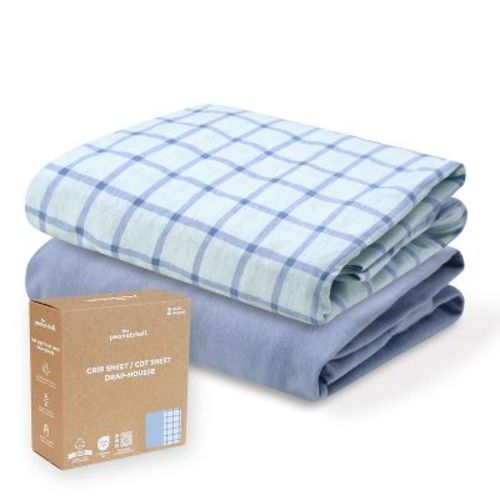 The Peanutshell Blue Windowpane, Solid Organic Cotton Crib Sheets for Baby Boys, 2 Pack