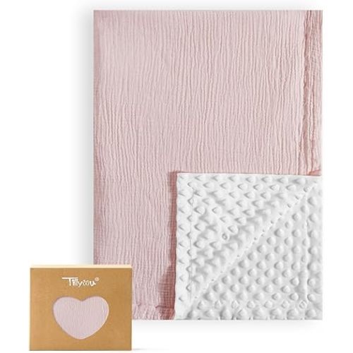 TILLYOU Pink Blanket Baby Cotton Swaddles for Newborns, Double Layer Soft Plush Minky Blanket with Dotted Backing 30"x40", Pink