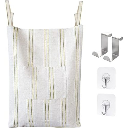 AELS Farmhouse Hanging Laundry Hamper with 2 Hooks, Boho Beige & Green Stripes Laundry Bag with Zipper & Wide Open Top, Over the Door Organizer for Dirty Clothes, Washable Space Saving Storage