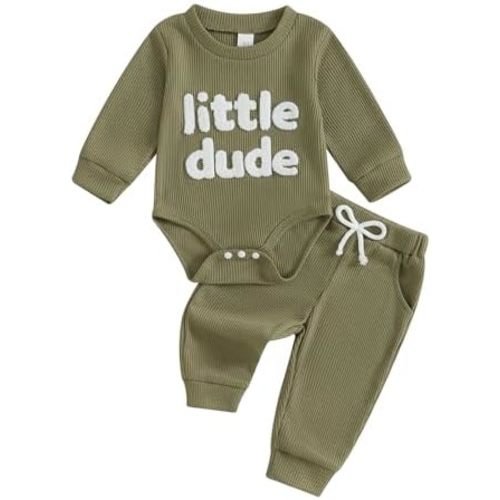 Douhoow Baby Boy Clothes Letters Embroidered Baby Sweatshirt Romper Waffle Pants Set Infant Boy Fall Winter Outfits