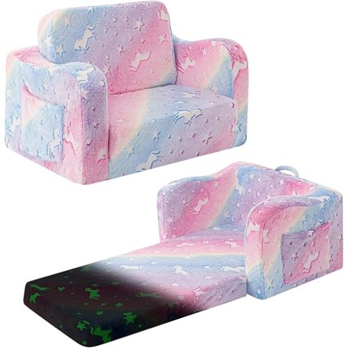 Toddler Chair and Couch, 2 -in-1 Toddler Couch Fold Out, Convertible Chairs for Toddlers Comfy Sofa to Lounger with Glow in The Dark Feature, Soft for Girls and Boys