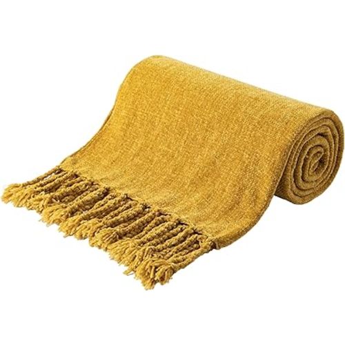BATTILO HOME Mustard Yellow Throw Blanket for Couch Bed Sofa, Yellow Gold Chenille Throw for Spring Summer, Lightweight Knit Blanket for Home Decor, 50"x60"