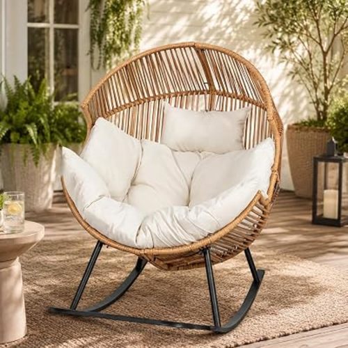 JAMFLY Egg Chair Rocking Chairs, Wicker Patio Chair Oversized Lounger Chair with Cushion for Indoor Living Room Bedroom Outdoor Patio Backyard Balcony Garden, Cream White