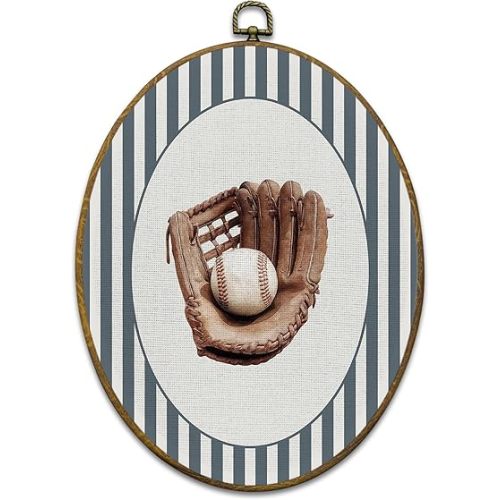 Baseball Sports Nursery Wall Art Decor, Sports Framed Canvas Prints 8.6x11.4, Blue Striped Baseball Glove Oval Wall Hanging Artwork Decorations for Kids Boy Nursery Room Bedroom Playroom
