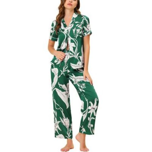cheibear Women's Mommy and Me Silky Satin Loungewear Short Sleeves Sleepshirt with Pants Sleepwear Pajama Sets Medium Green