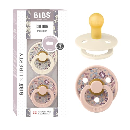 BIBS Colour Liberty Soother 2-Pack, BPA Free Dummy Pacifier, Round Nipple. Natural Rubber Latex, Made in Denmark, Size 1 (0-6 Months), Eloise Blush