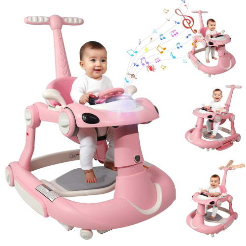 PRVAETU, Baby Walker, Foldable, Music Light, Pink, Adjustable Height
