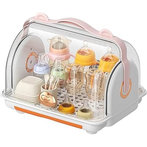 Baby Bottle Drying Rack with Cover - Large Organizer with Removable Drain Tray, Dustproof Portable Holder for Nursery & Kitchen (B)
