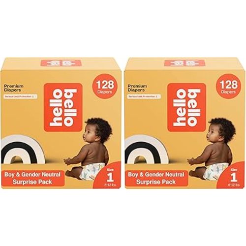 Hello Bello Premium Diapers, Size 1 (8-12 lbs) Surprise Pack for Boys - 128 Count, Hypoallergenic with Soft, Cloth-Like Feel - Assorted Boy & Gender Neutral Patterns (Pack of 2)