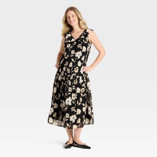 Flutter Short Sleeve Drop Waist Maxi Maternity Dress - Isabel Maternity by Ingrid & Isabel™ Black/Cream Floral L