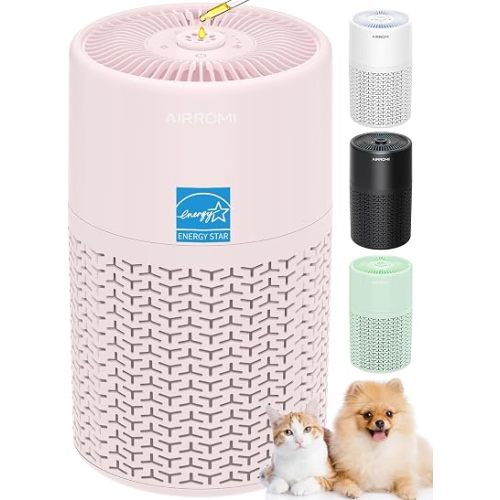 AIRROMI Pets Air Purifier for Home Allergies,Up to 660 ft². HEPA Deodorizing Activated Carbon Filter,With Fragrance Sponge for Better Sleep,Night Light,Pet Dander,Smoke,Odors,Air Cleaner A2002 Pink