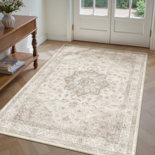 Stella Machine Washable Oriental Ivory Area Rug, 6’ x 9’