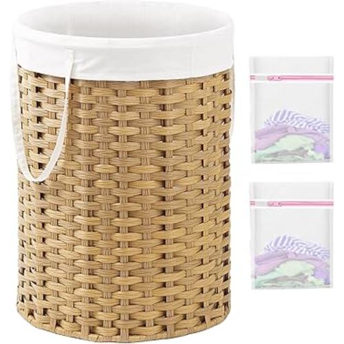 Laundry Basket Round Rattan Laundry Hamper 29.1 Gal(110 L)Handwoven Large Wicker Basket with Handles, Wicker Hamper with Removable Bags and 2 Mesh Bags for Bathroom Living Room Natural(No Lid)