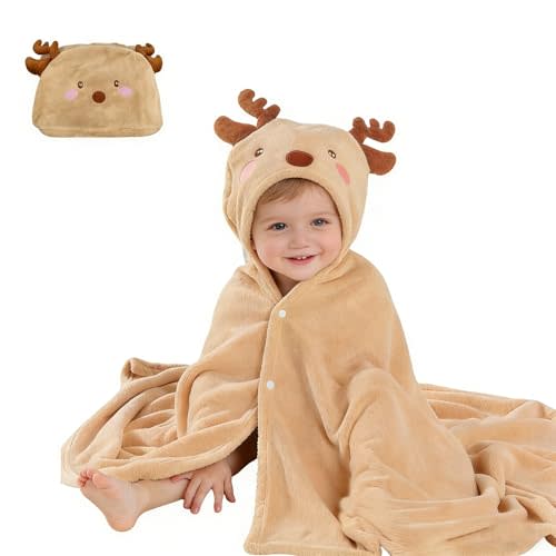 Toddler Baby Bath Towel with Hood 27.5"X55" Ultra Absorbent Soft Bathrobe Blanket, 0-6 Years Infant Shower Towel for Girls & Boys(Beige Deer)