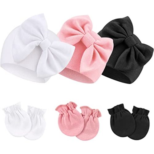 BQUBO Newborn Baby Hospital Hats Beanie Bow Infant Caps Baby Cotton No Scratch Mittens Set for 0-6 Months