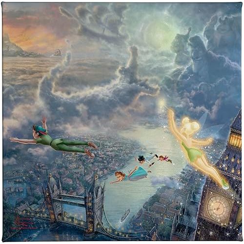 Thomas Kinkade Disney Tinker Bell and Peter Pan Fly to Neverland 14" x 14" Gallery Wrapped Canvas | Frameless Room Wall Art | Certificate of Authenticity Included