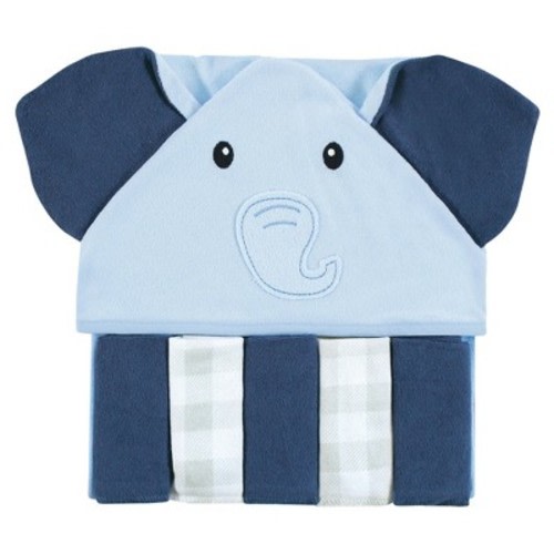 Hudson Baby Infant Boys Hooded Towel and Five Washcloths Set, Navy Blue Elephant, One Size