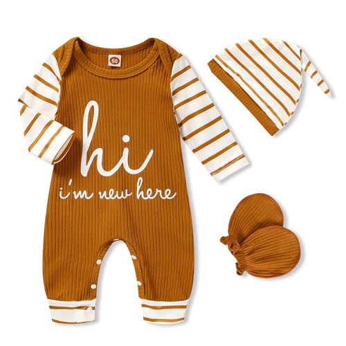 GRNSHTS Newborn Baby Boy Romper Coming Home Outfits Letter Print Bodysuit Jumpsuit+Hat+Gloves 3PCS Clothes Set