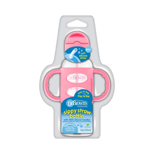 Dr. Brown's Milestones Narrow Sippy Straw Bottle with 100% Silicone Handles, 8oz/250mL, Pink, 1 Pack, 6m+