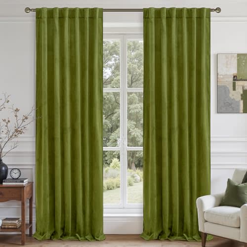 LAMIT Moss Green Velvet Blackout Curtains 84 Inch, Vintage Thermal Insulated Room Darkening Drapes for Living Room Back Tab and Rod Pocket Privacy Window Panels for Bedroom, 2 Panels, 52 x 84 Inch