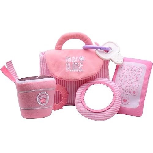 4 Piece Plush My First Purse Play Set with Sensory Toys and Bonus Teether Keys for Baby, Pink Stripe, 8 inch