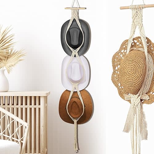 Yulejo Macrame Hat Hangers Boho Hat Rack for Wall Western Cowboy Hanging Organizer for Door Wall Room Bedroom