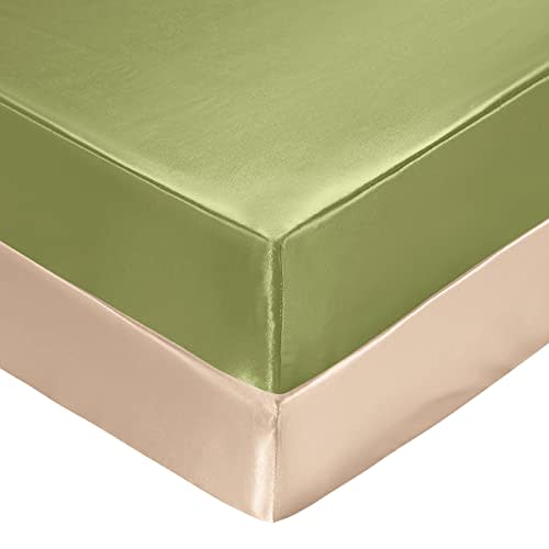 SiinvdaBZX 2 Pcs Satin Crib Sheets for Baby Hair, Silky Soft Fitted Crib Sheets for Standard Crib and Toddler Mattress (Beige & Sage Green, 52 x 28 x 8In)