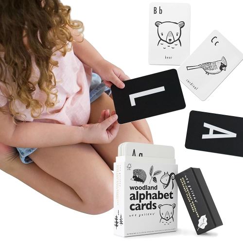 Wee Gallery Educational Flashcards for Babies, Double Sided Black and White Learning Flash cards, Woodland Animal Alphabet Cards for Visual Stimulation and Cognitive Development of Toddlers