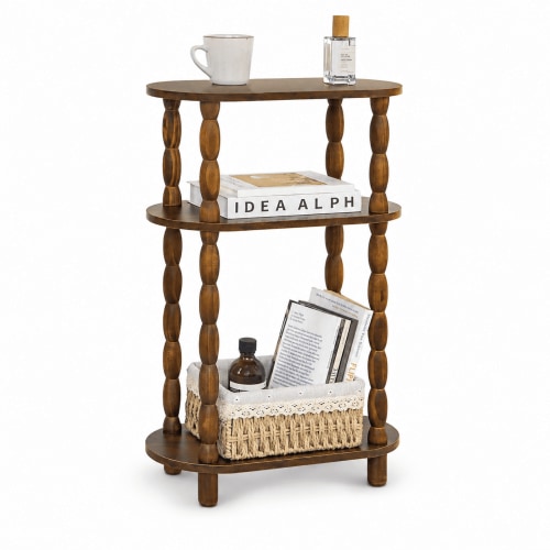 MEHOOM Narrow Side Table, Slim End Table with 3-Tier Storage Shelves, Farmhouse/Modern Nightstand for Small Spaces, Living Room, Bedroom (Rustic Brown)