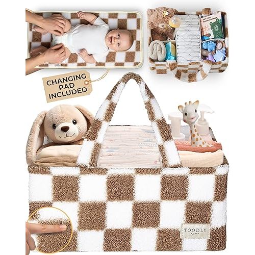 Checkered Diaper Caddy Organizer with Portable Changing Mat - Teddy Fleece Diaper Organizer for Changing Table - Caddy Organizer with Removable Dividers - Light Taupe and White