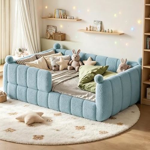 Bellemave Full Size Upholstered Montessori Floor Bed with Fence,Blue