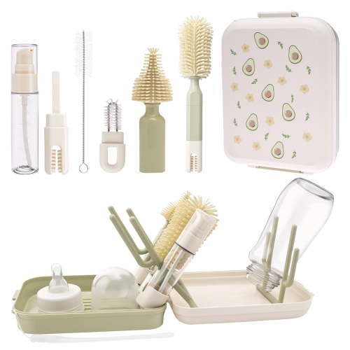 Baby Bottle Cleaning Set with Foldable Drying Rack 8 in 1 Portable Silicone Bottle Brush Kit for Baby Feeding Supplies with Storage Case