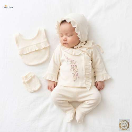 Personalized Baby Girl 5-Piece Cotton Set – Floral Embroidered Newborn Outfit, Bonnet, Bib